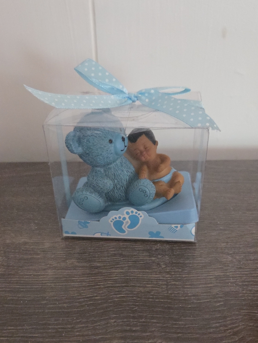 Blue Teddy Bear with Sleeping Baby Figurine in Gift Box